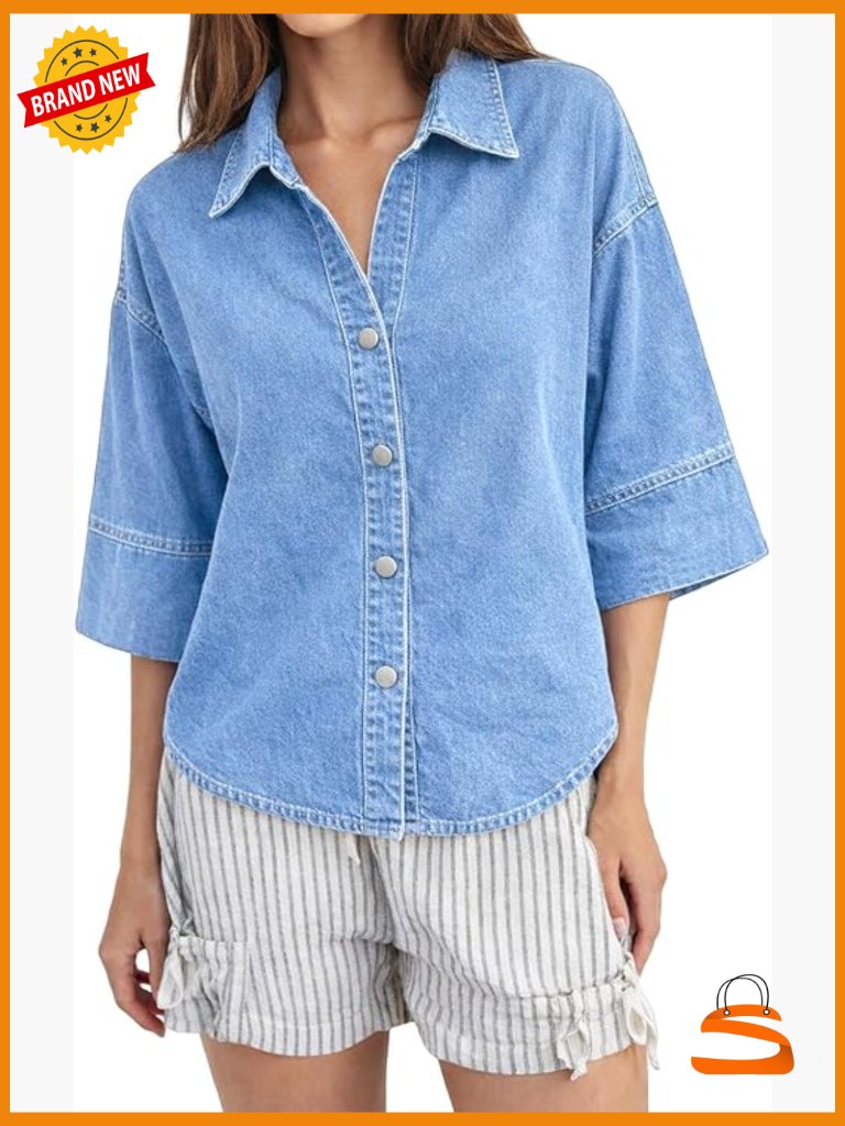 Oversized Button Down Denim Shacket 3/4 Sleeve Lightweight V Neck Blouse